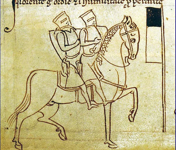 manuscript illustration of two knights on a horse