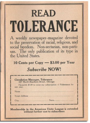 text ad for he newpaper Tolerance